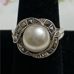 Vintage Sterling Marcasite Faux Pearl Ring